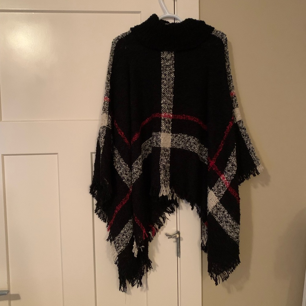 Plaid Poncho With Cowl Neck